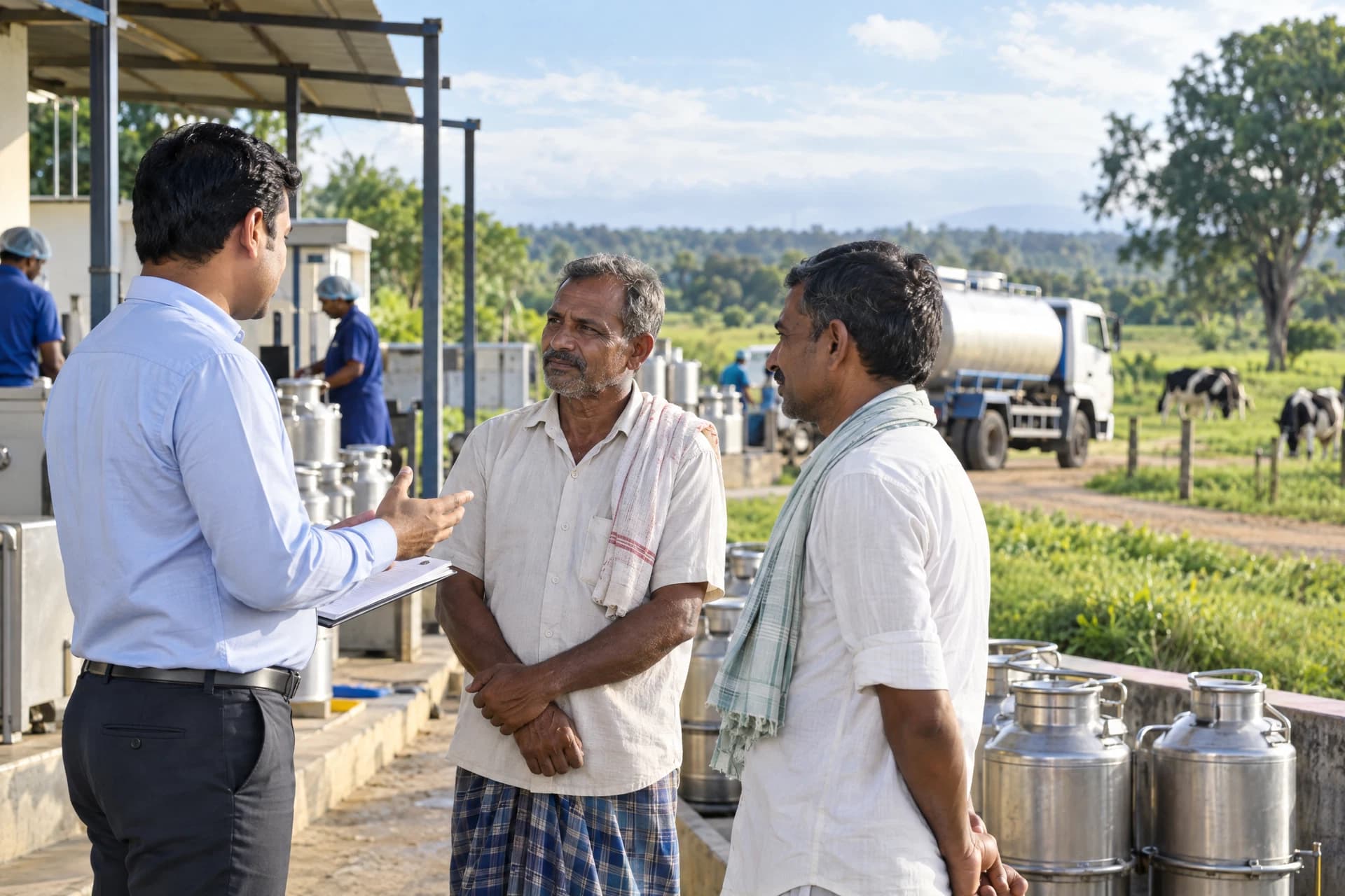 Dairy field supervisor in discussion with farmers near a milk collection center