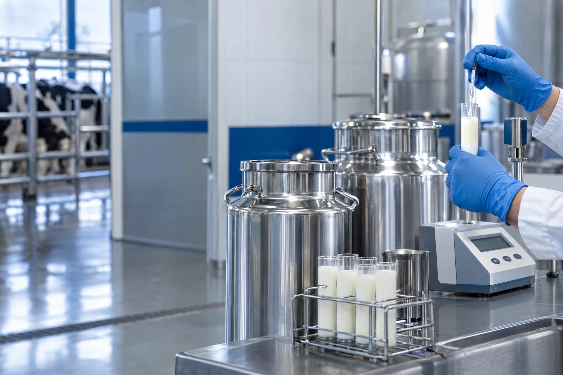 Milk quality being checked at a clean dairy collection center